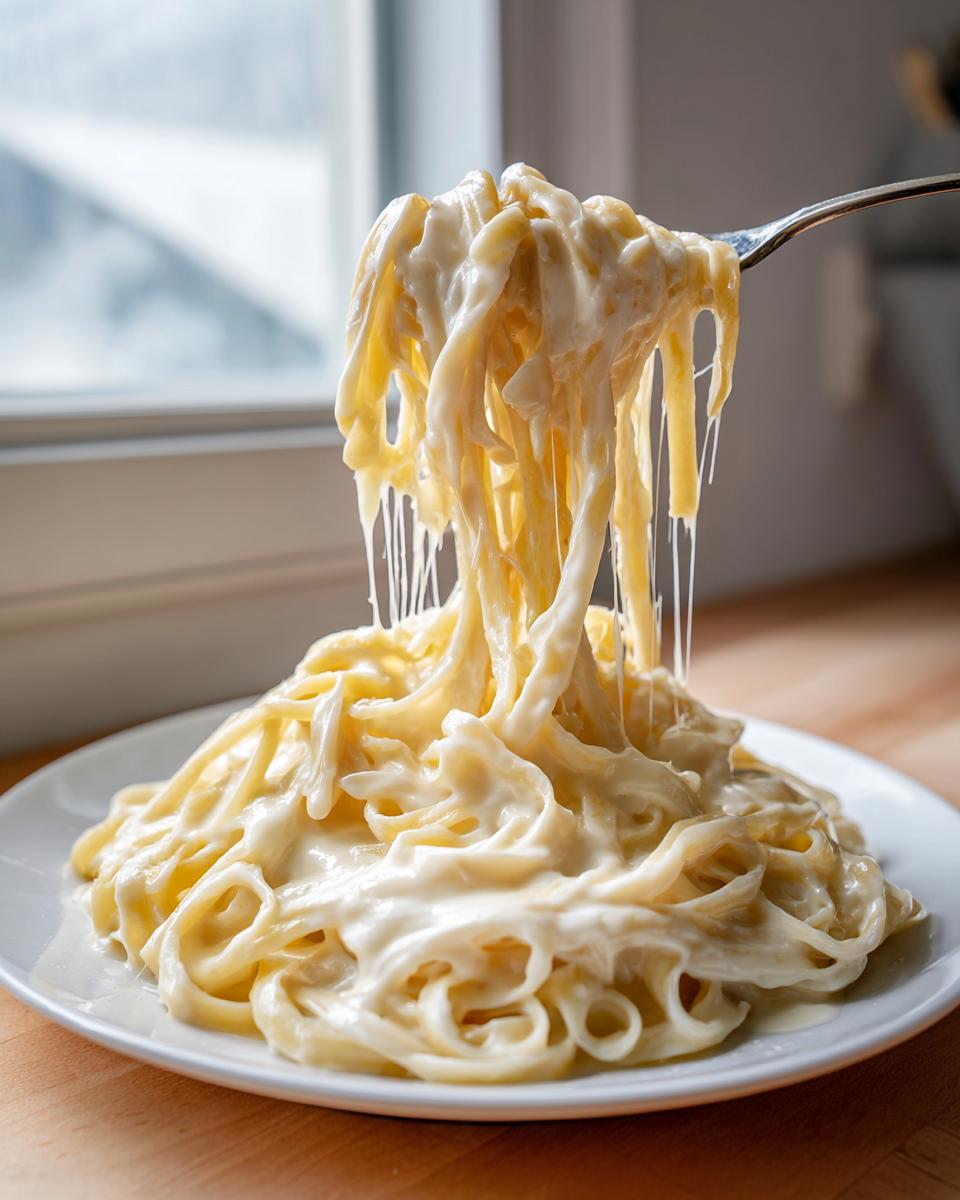A fork lifts a large portion of fettuccine noodles generously coated in creamy Olive Garden Alfredo Sauce, showing cheese pull.