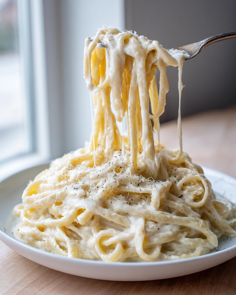 A fork lifts creamy fettuccine coated heavily in rich Olive Garden Alfredo Sauce, topped with pepper.