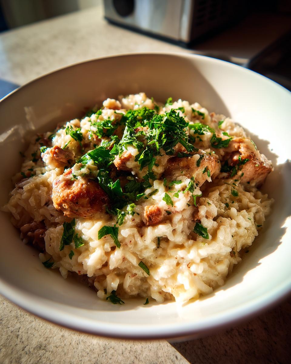 Close-up of creamy one pot chicken and rice topped generously with fresh chopped parsley.