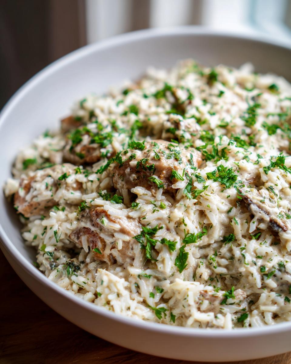 Close-up of creamy one pot chicken and rice topped generously with fresh chopped parsley.