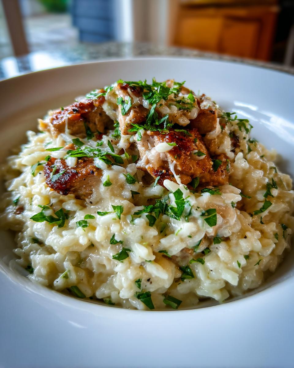 Close-up of creamy one pot chicken and rice topped with seared chicken pieces and fresh parsley.