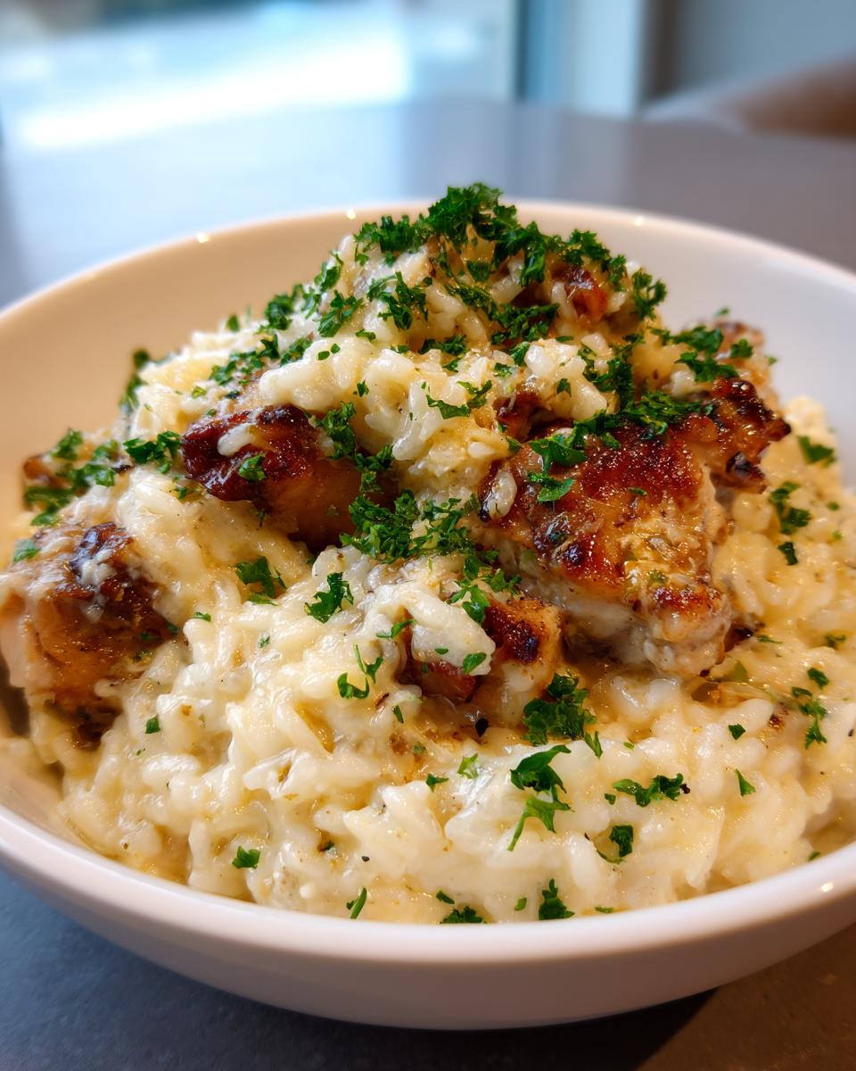 Close-up of creamy one pot chicken and rice topped with browned chicken pieces and fresh parsley.