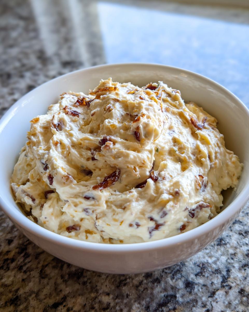 A close-up of thick, creamy homemade onion dip topped with caramelized onion pieces in a white bowl.