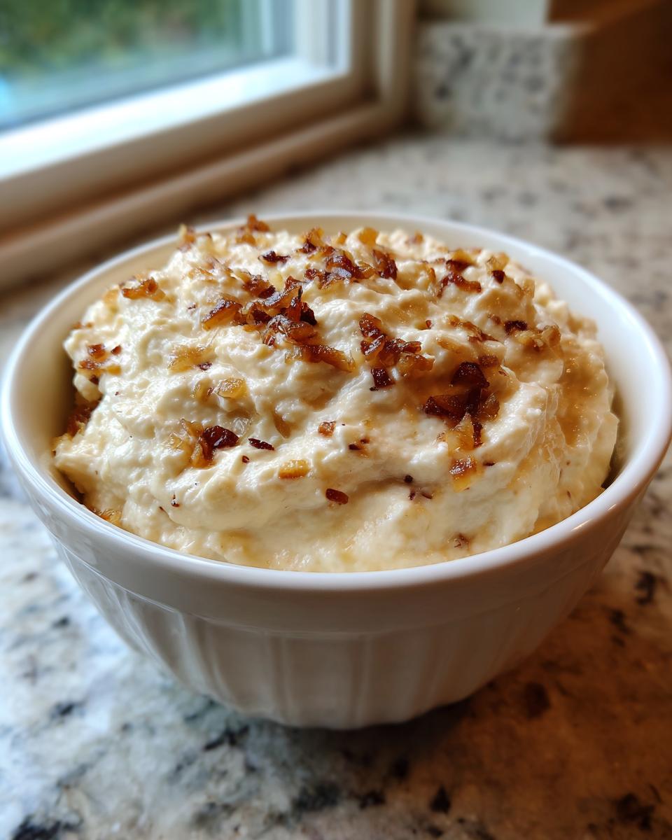 A white bowl filled with creamy onion dip, topped generously with crispy caramelized onions.