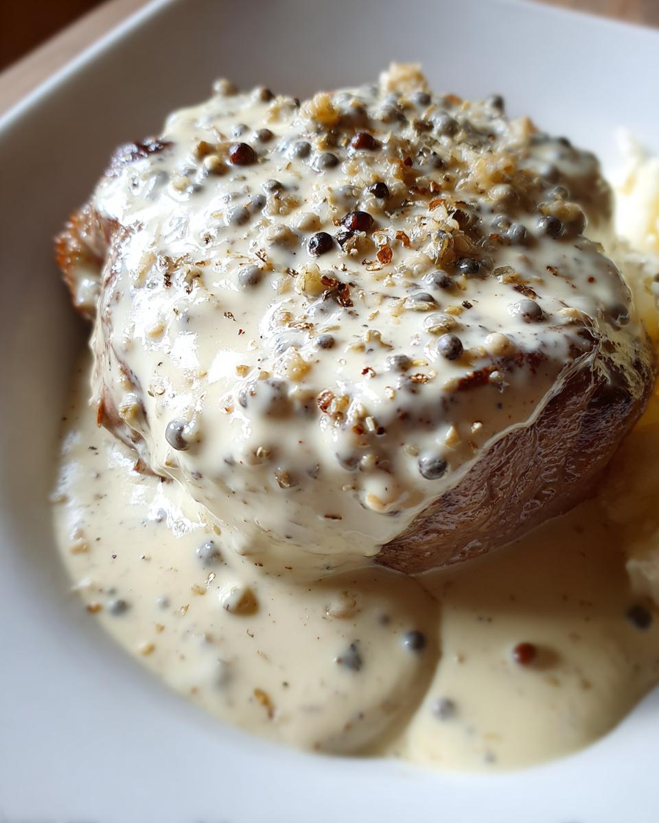 Close-up of a perfectly cooked steak smothered in rich, creamy peppercorn sauce, heavily garnished with whole peppercorns.