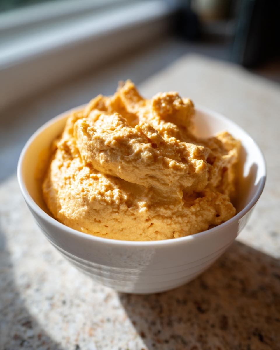 A close-up of bright orange pumpkin fluff dessert served in a white bowl, highlighted by natural sunlight.
