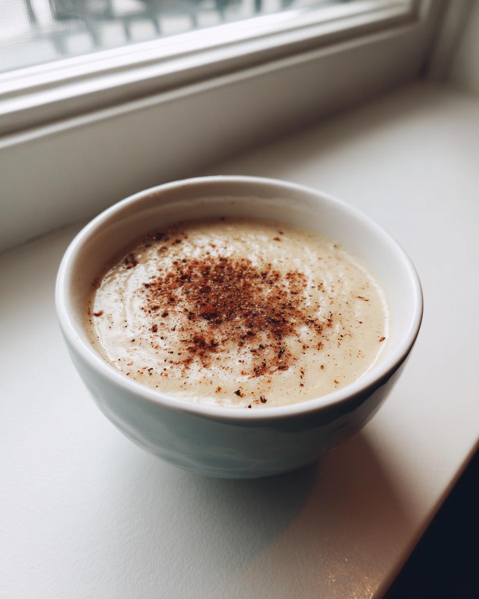 A close-up of creamy roasted cauliflower soup in a white bowl, topped with dark spice.