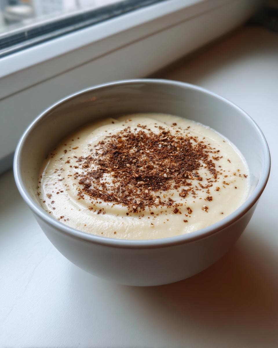 A bowl of creamy roasted cauliflower soup topped with dark, crunchy spices, set near a window.