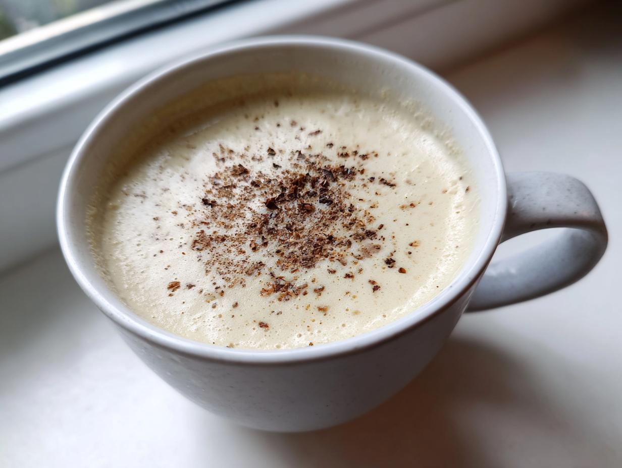 A creamy, light-colored roasted cauliflower soup served hot in a white mug, topped with dark spices.