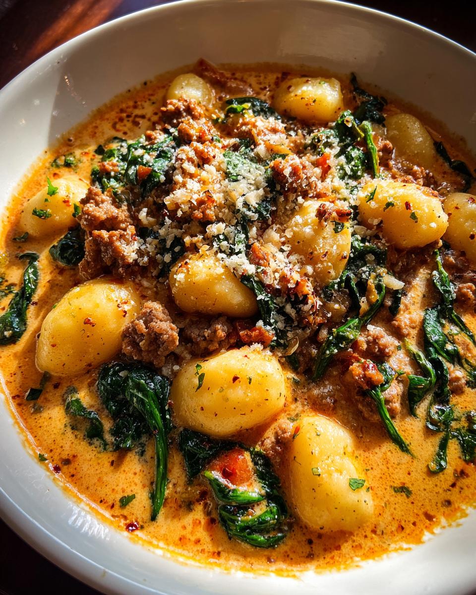 Close-up of creamy sausage gnocchi soup with spinach and grated Parmesan cheese.