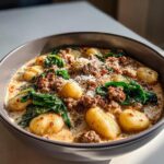 Close-up of a creamy sausage gnocchi soup featuring tender gnocchi, browned sausage crumbles, wilted spinach, and grated Parmesan cheese.