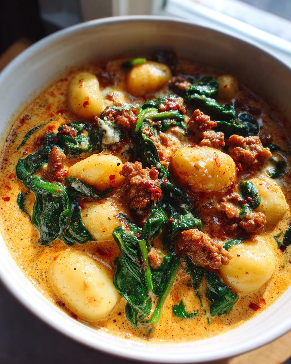 Close-up of a creamy sausage gnocchi soup featuring plump gnocchi, crumbled sausage, and wilted spinach in a rich broth.