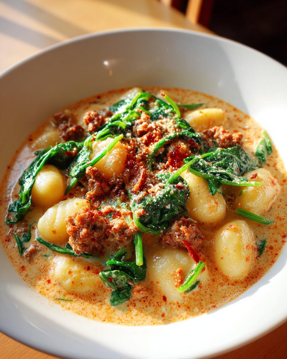 Close-up of creamy sausage gnocchi soup featuring plump gnocchi, crumbled sausage, and wilted spinach, topped with cheese.