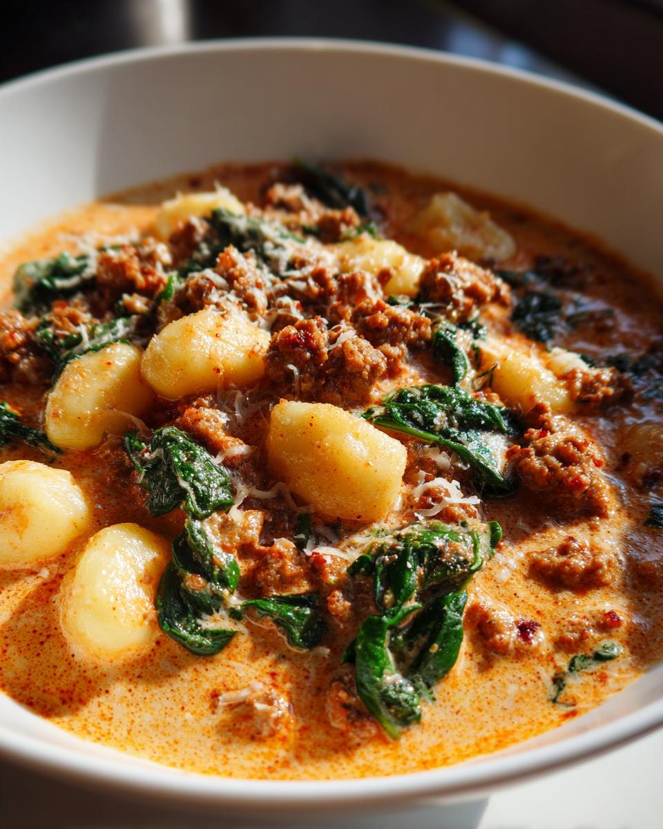 Close-up of a bowl of creamy sausage gnocchi soup with spinach and grated cheese topping.