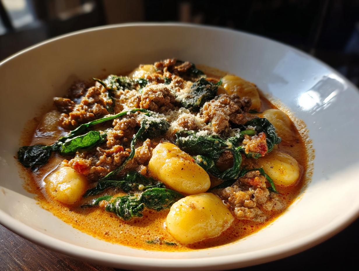 A close-up of creamy sausage gnocchi soup featuring plump gnocchi, ground sausage, and wilted spinach, topped with Parmesan cheese.