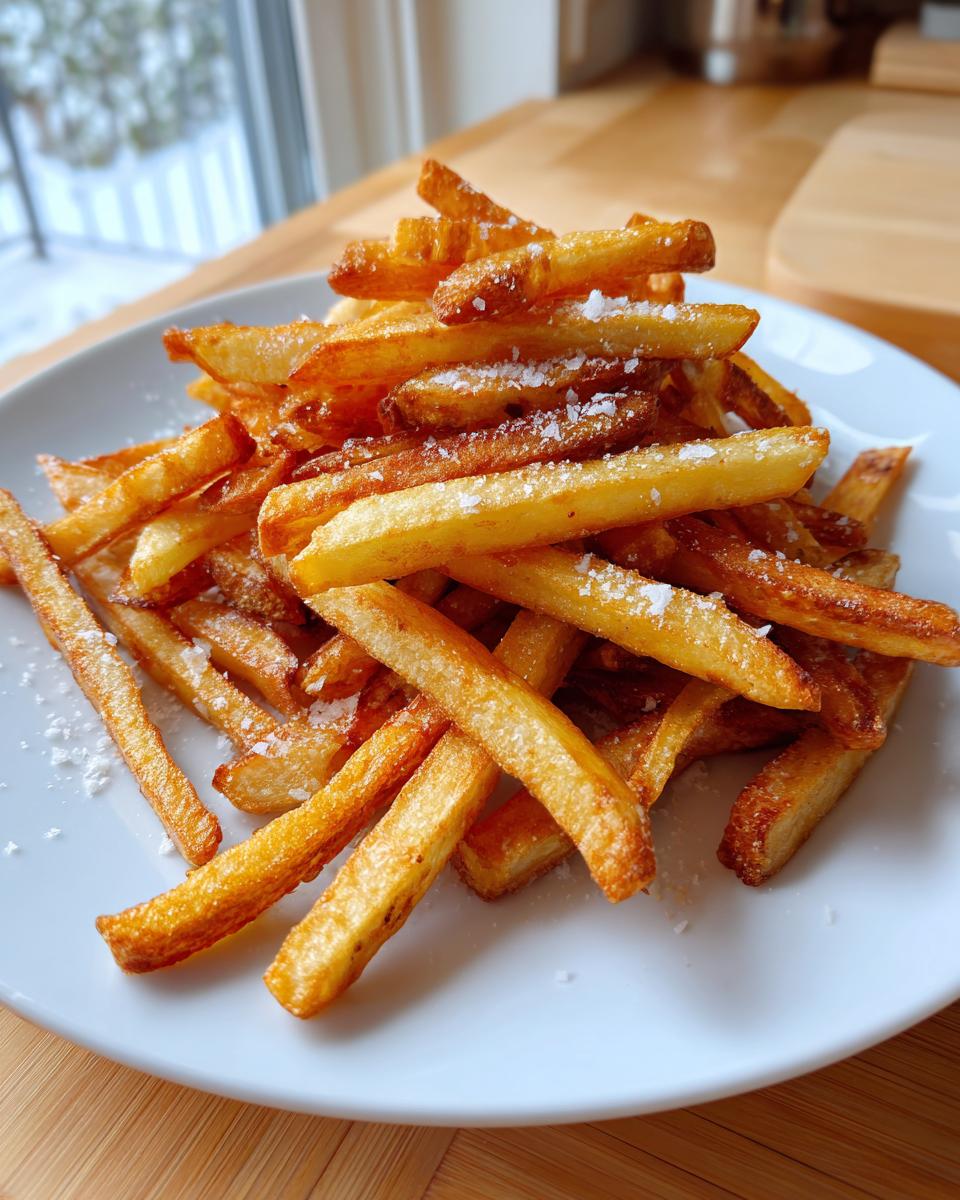 A close-up of a pile of golden brown, crispy air fryer french fries sprinkled with salt on a white plate.
