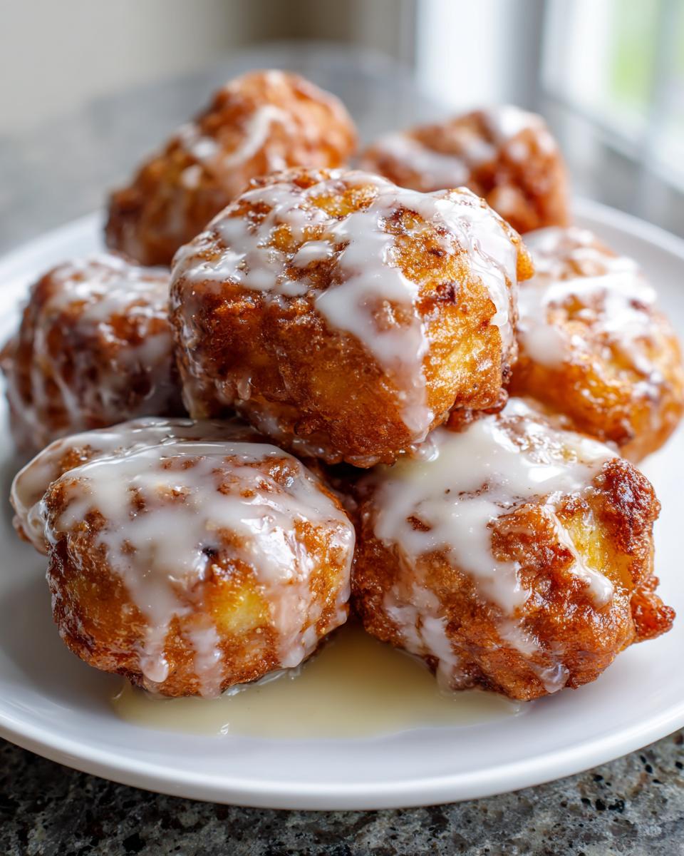 A pile of golden brown, freshly fried apple fritter pieces drizzled heavily with white vanilla glaze.