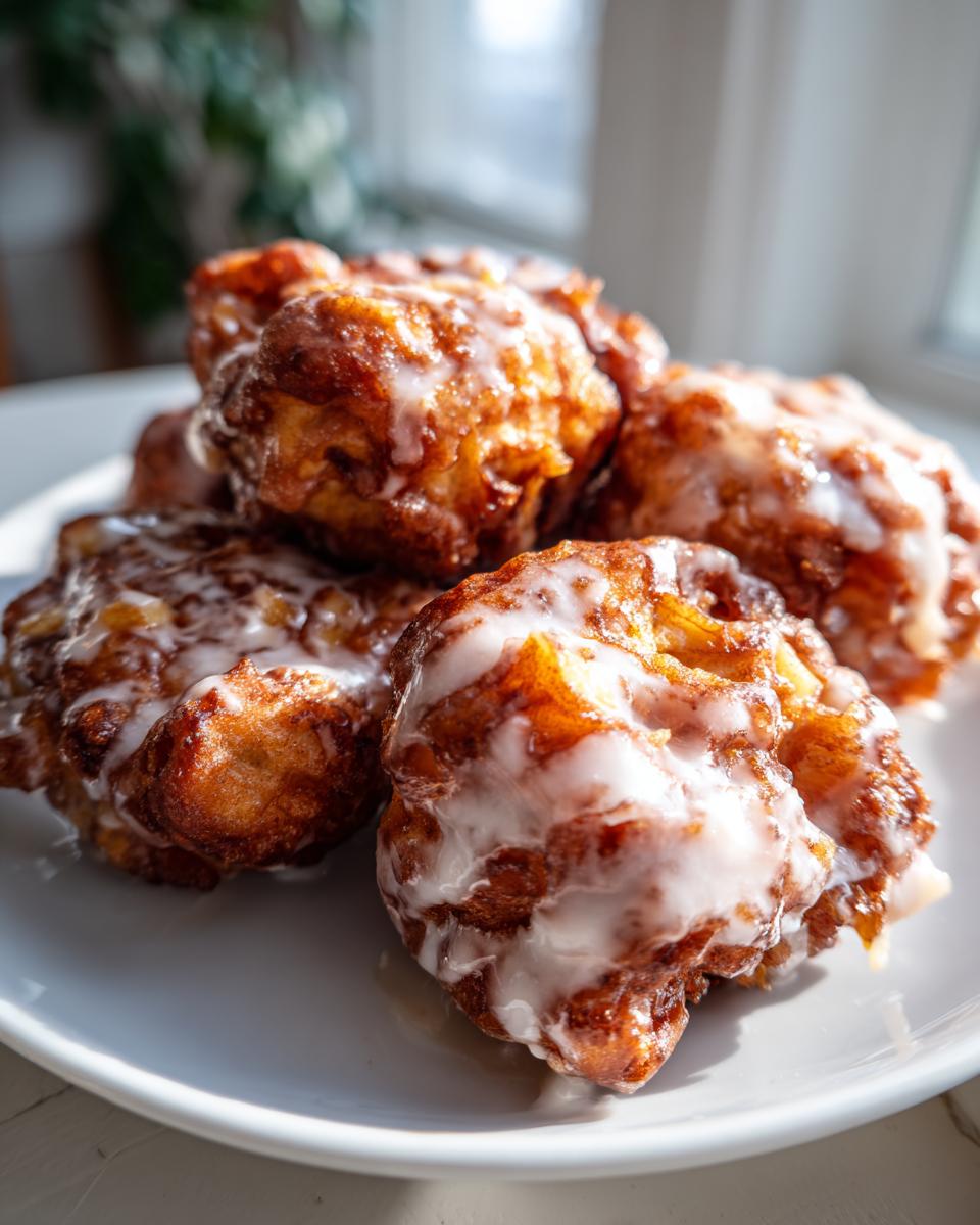 A close-up of several golden-brown, glazed apple fritter pieces piled on a white plate.