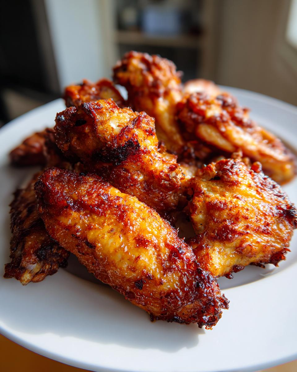 Close-up of perfectly baked, crispy, and golden brown chicken wings piled on a white plate.