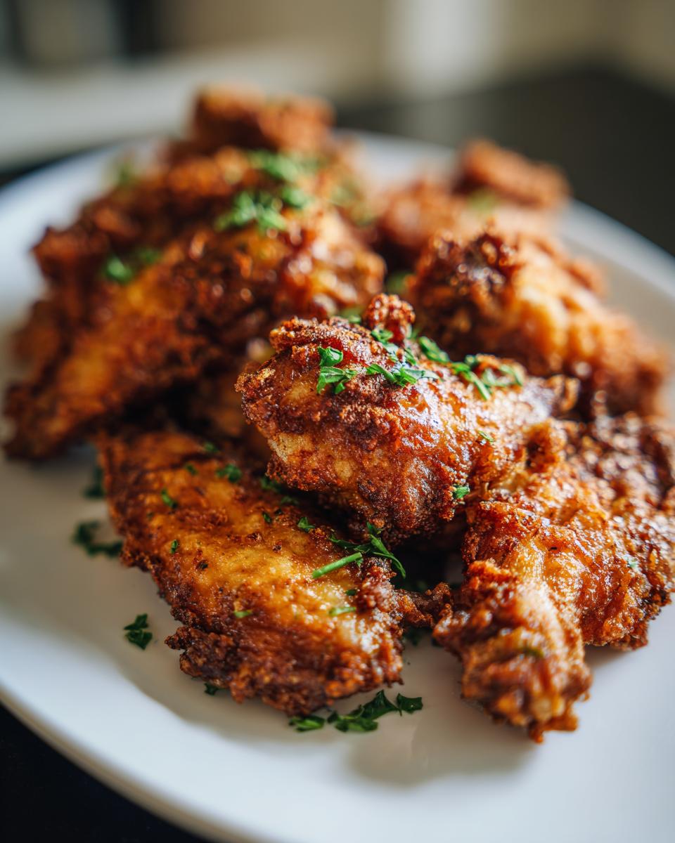 Close-up of a pile of perfectly crispy, golden brown chicken wings garnished with fresh chopped parsley.