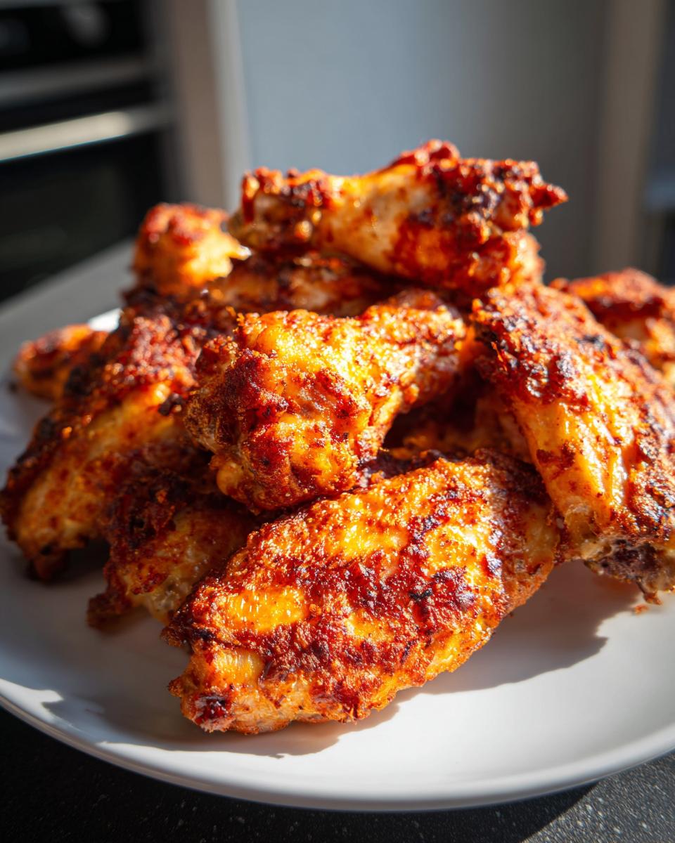 A close-up of a pile of perfectly cooked, crispy, and seasoned chicken wings on a white plate.