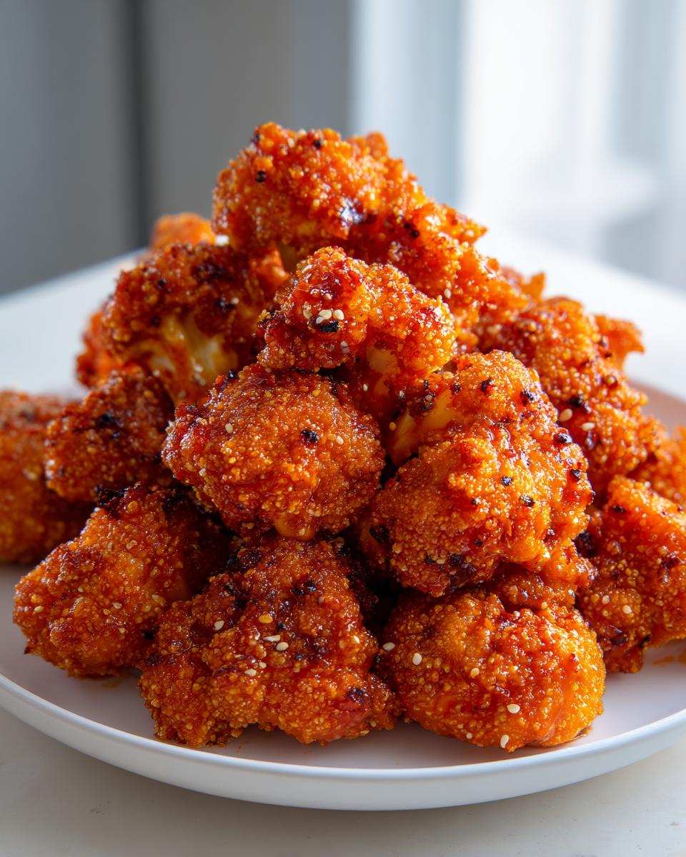 Close-up of a mound of crispy, bright orange buffalo cauliflower bites sprinkled with sesame seeds.