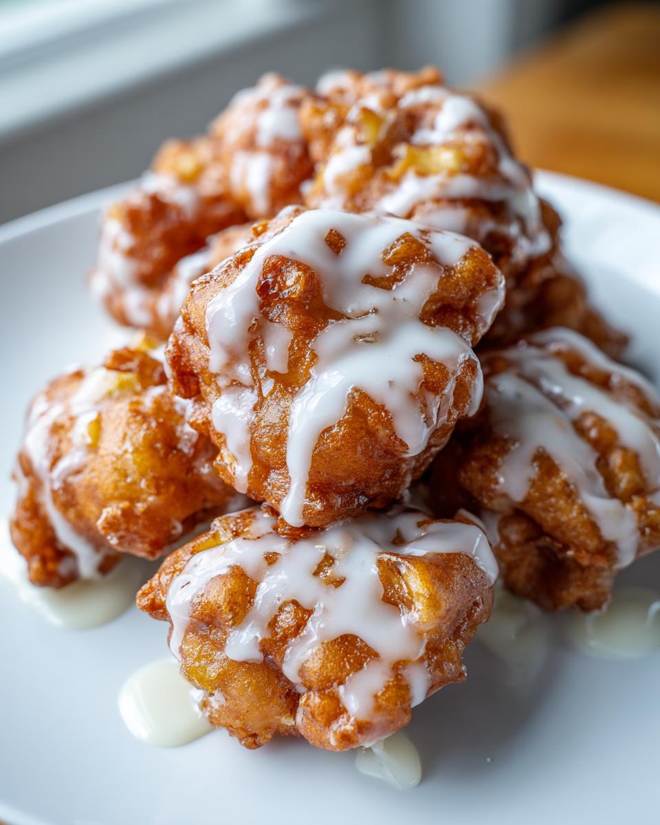 Close-up of several golden brown, crispy apple fritter pieces drizzled generously with white glaze on a white plate.