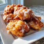Close-up of several golden brown, crispy apple fritter mounds drizzled generously with white vanilla glaze.