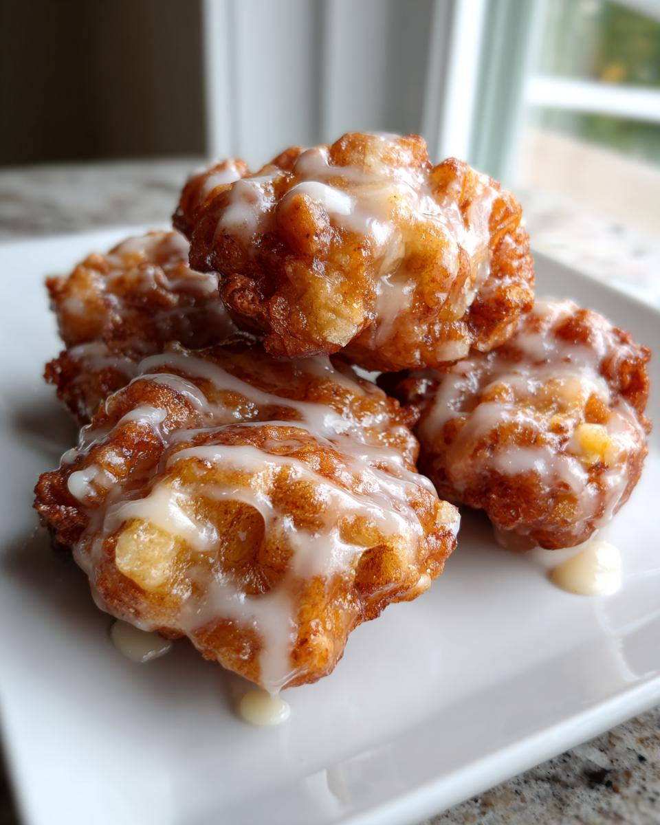 Close-up of several crispy, golden brown apple fritter piled on a white plate, drizzled with sweet white glaze.