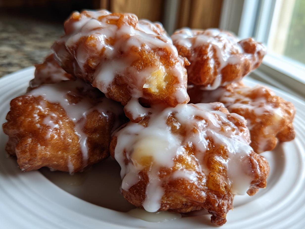 A close-up of several golden-brown, crispy apple fritter pastries drizzled generously with white vanilla glaze.