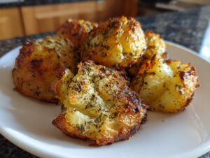 A close-up of several golden brown, crispy oven roasted potatoes seasoned with dried herbs on a white plate.