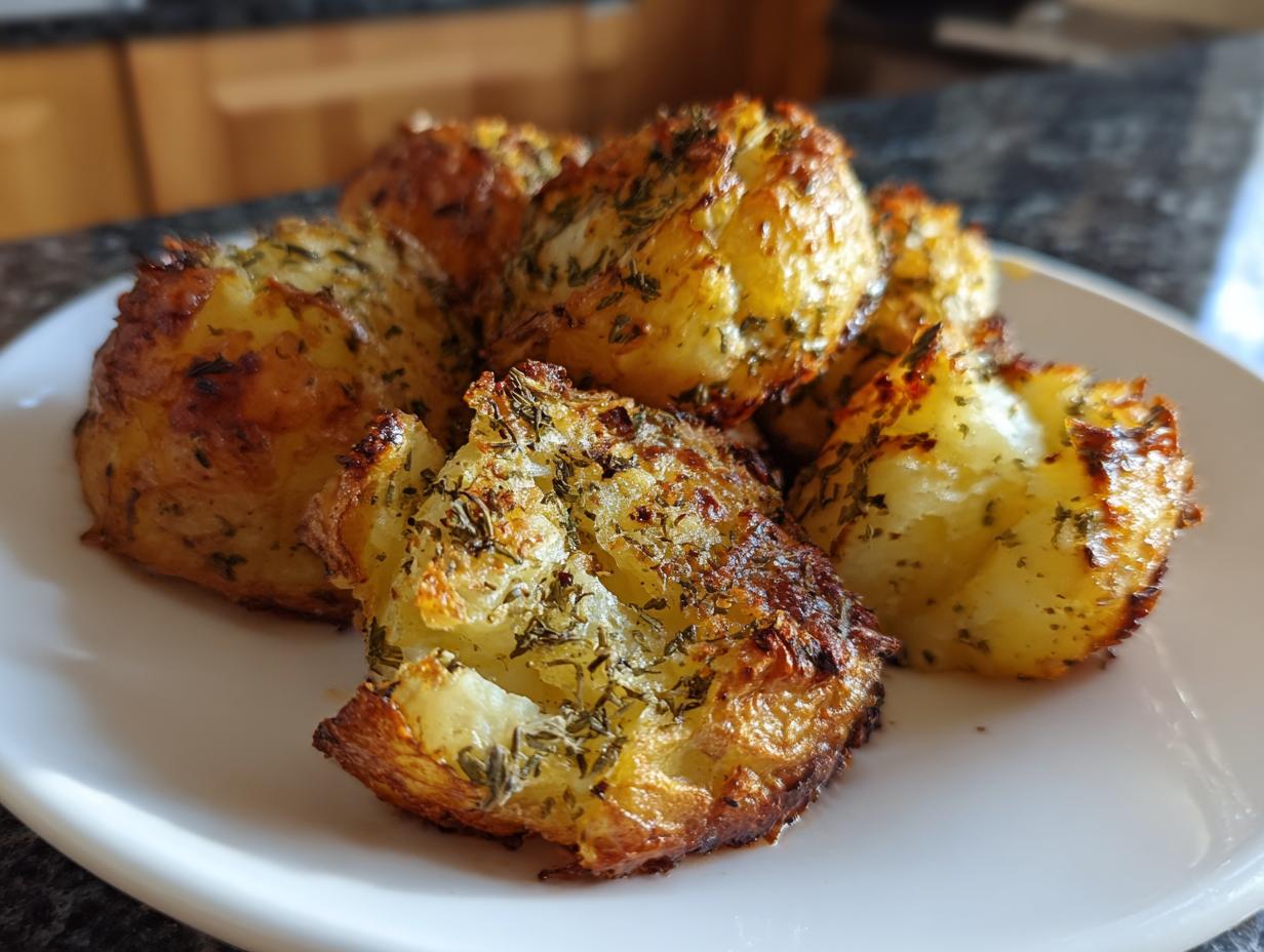 A close-up of several golden brown, crispy oven roasted potatoes seasoned with dried herbs on a white plate.