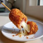 A crispy, deep-fried korean corn dog being pulled apart to reveal a dramatic, stretchy cheese pull.