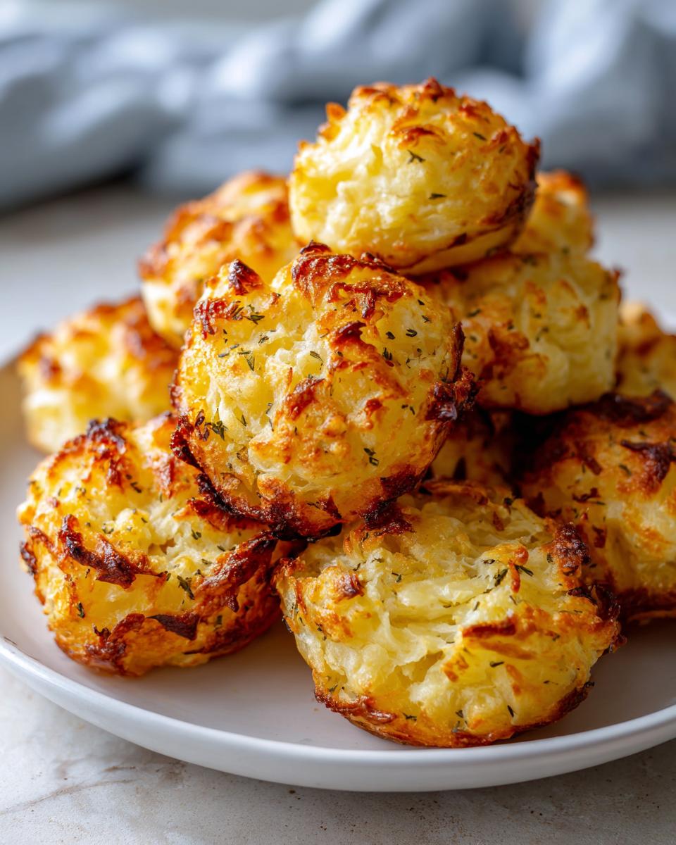 A stack of golden, crispy, muffin-shaped oven roasted potatoes bites seasoned with herbs on a white plate.