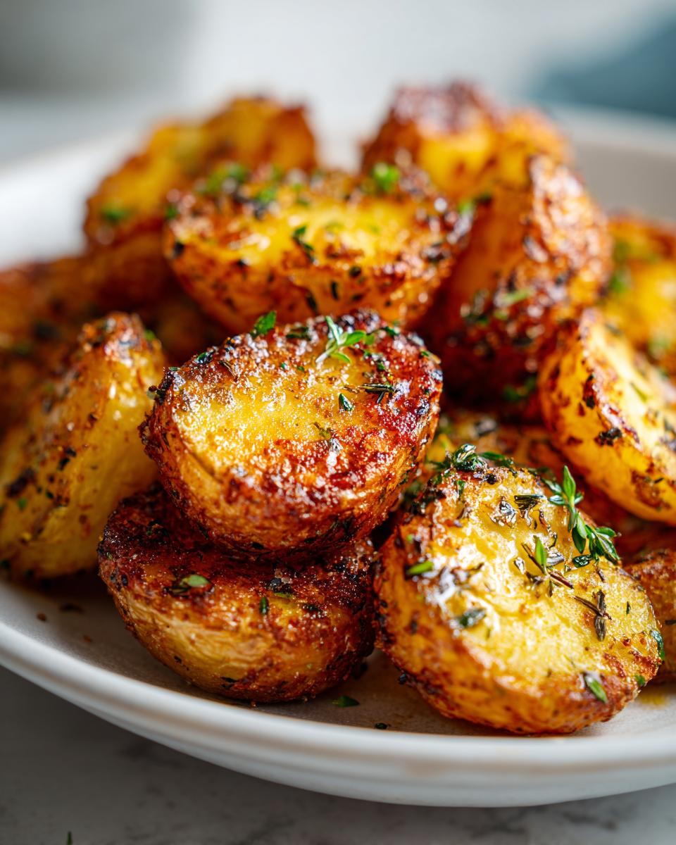 Close-up of golden brown, crispy oven roasted potatoes seasoned with herbs on a white plate.