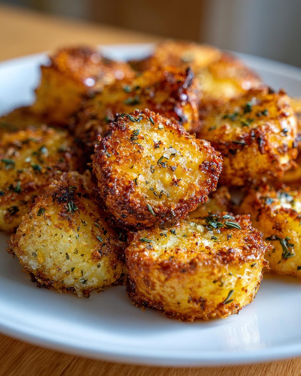 Close-up of perfectly crispy, golden brown oven roasted potatoes seasoned with herbs and coarse salt.