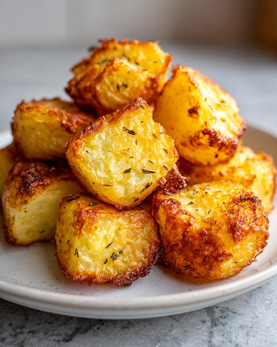 Close-up of perfectly crispy, golden brown oven roasted potatoes seasoned with herbs.