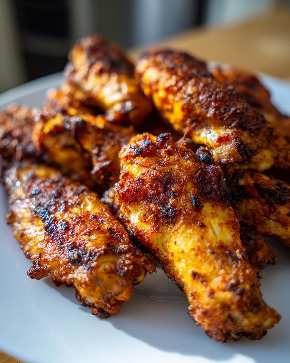Close-up of perfectly cooked, crispy, and heavily seasoned chicken wings piled on a white plate.