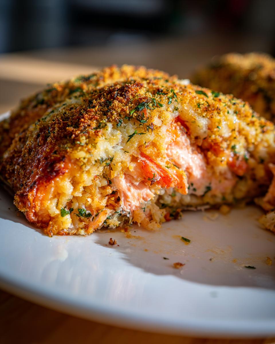 A close-up cross-section of delicious stuffed salmon showing flaky pink fish inside a golden, herbed breadcrumb crust.