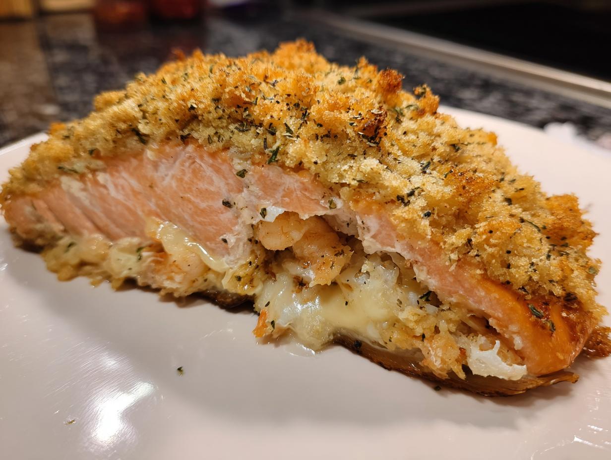 A cross-section view of delicious stuffed salmon with a golden, crispy topping and creamy shrimp filling.