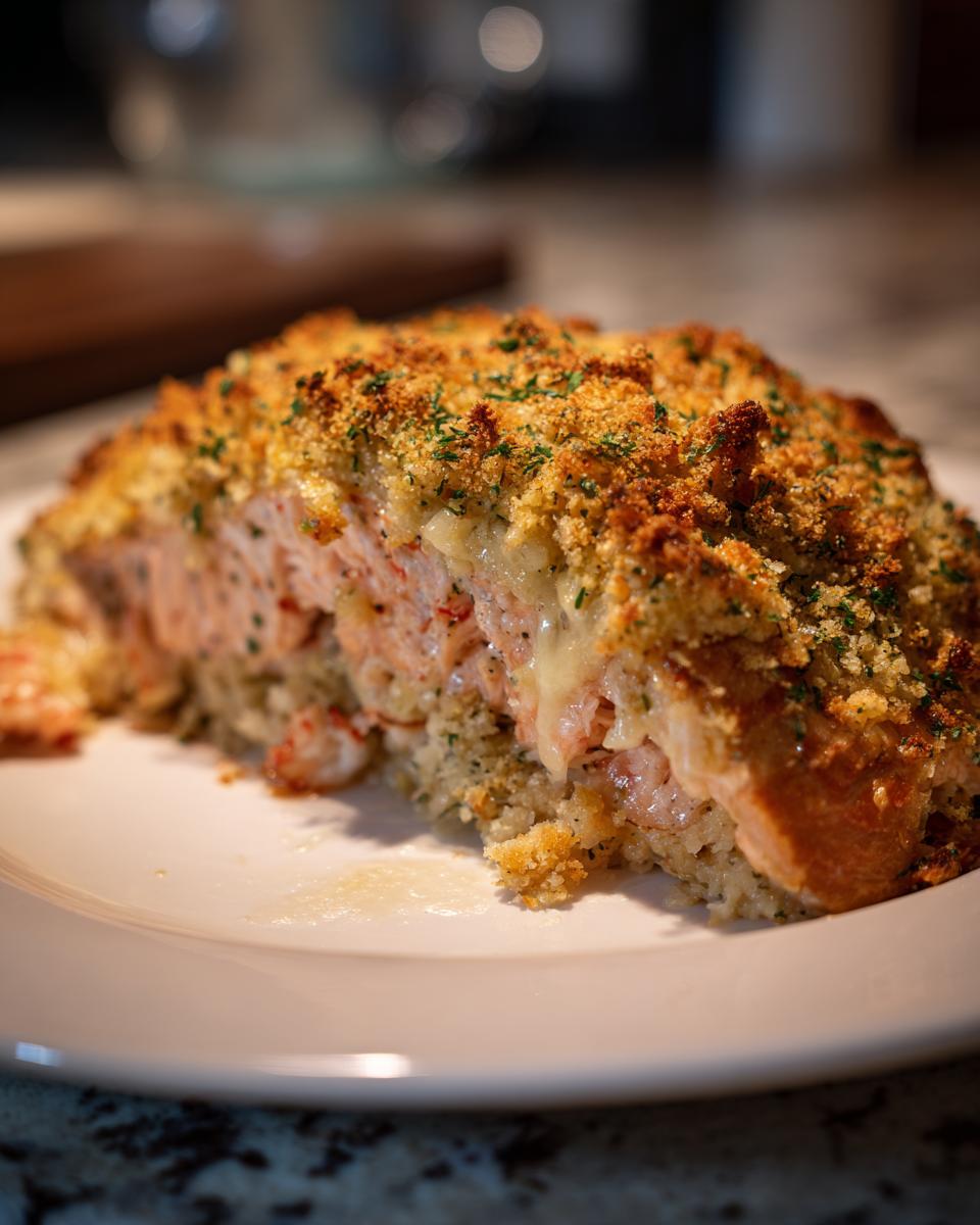 A thick slice of stuffed salmon with a golden, crispy breadcrumb topping and visible cheesy filling.
