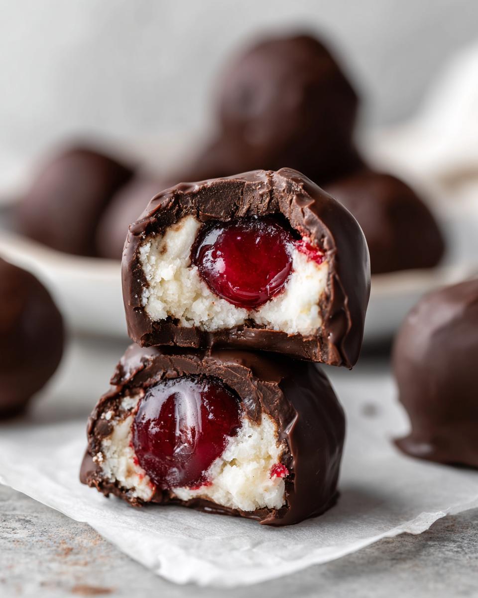 Two halves of a chocolate covered cherries stacked, showing the creamy white filling and juicy red cherry center.