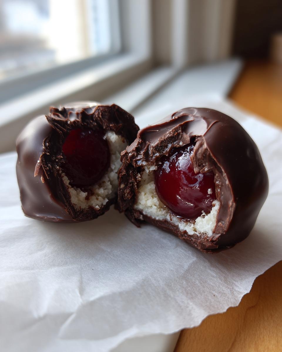 A homemade chocolate covered cherries candy cut in half, revealing a bright red cherry surrounded by white filling inside dark chocolate.
