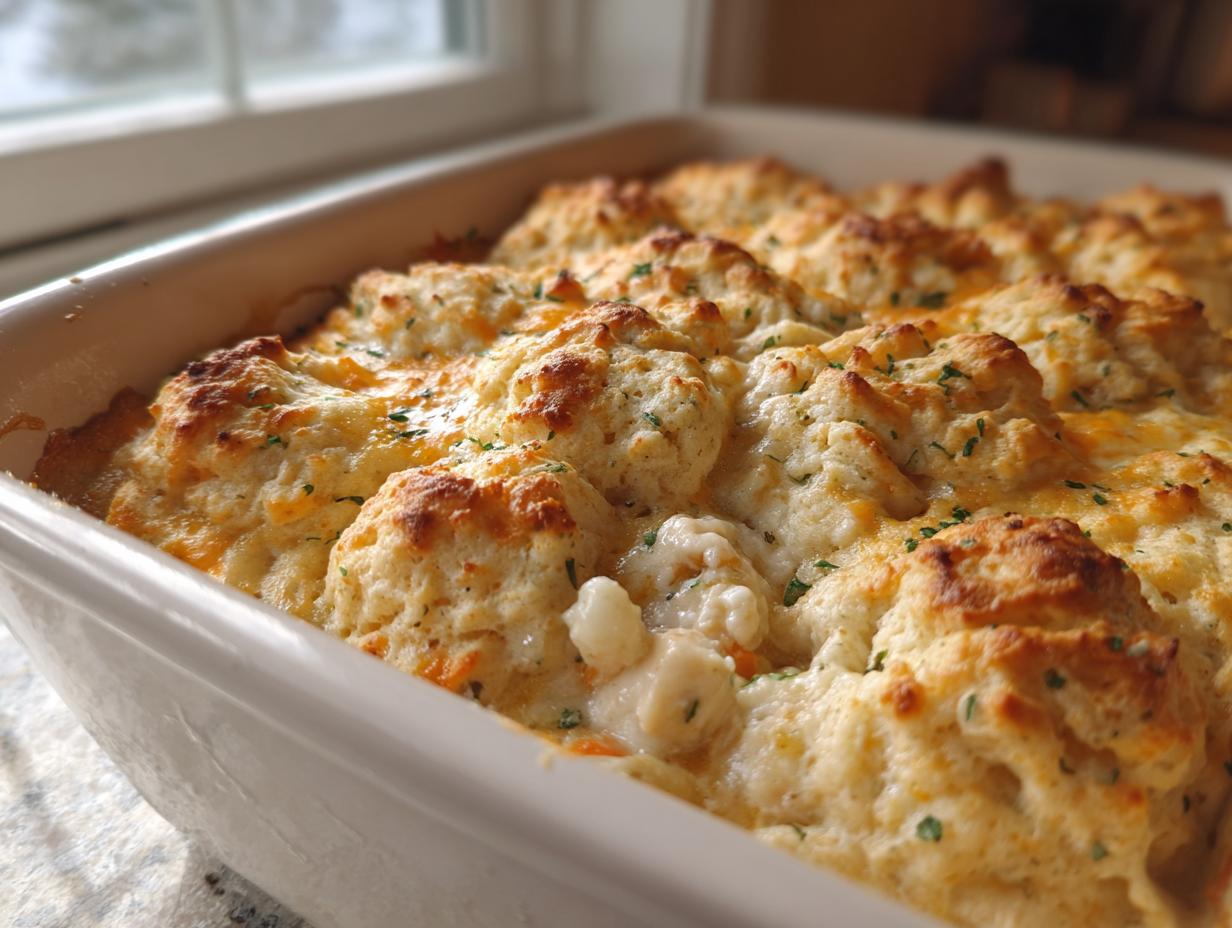 Close-up of a baked chicken cobbler casserole with golden brown biscuit topping and melted cheese.