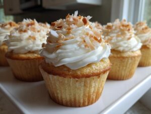 A row of moist coconut cupcakes topped with white frosting and toasted coconut flakes.
