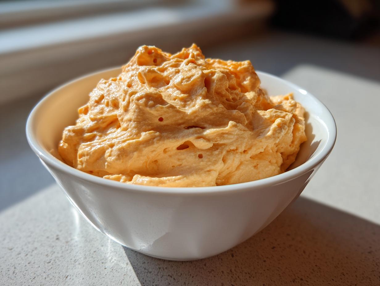 A close-up of light orange, airy pumpkin fluff dessert served in a white bowl.