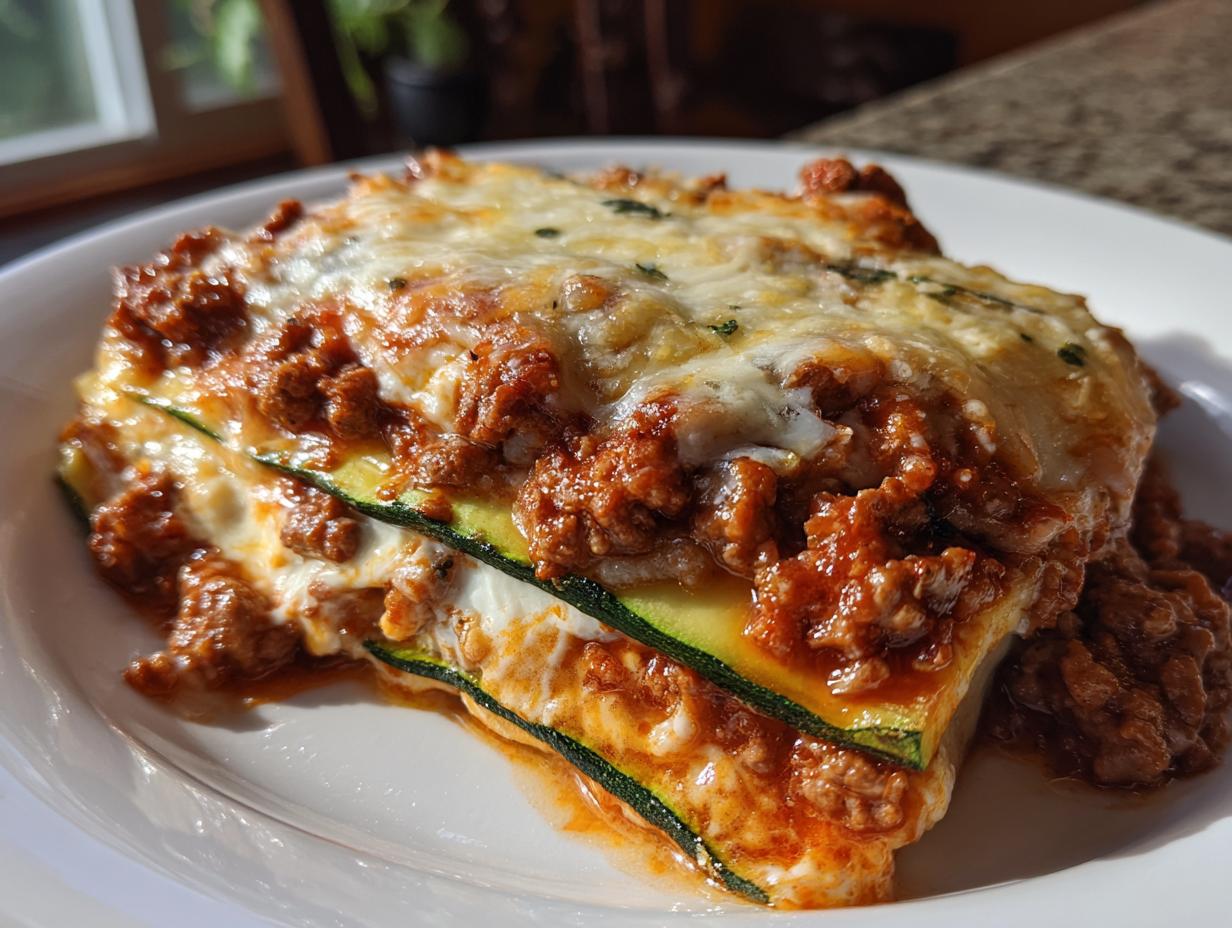 A close-up of a rich, cheesy slice of zucchini lasagna layered with meat sauce and melted mozzarella.