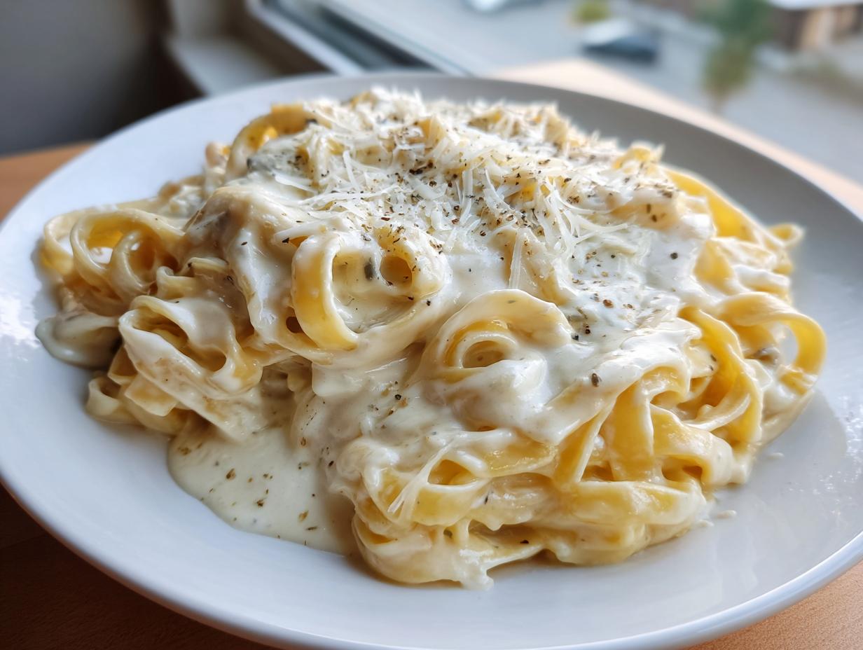 A close-up of fettuccine pasta generously coated in creamy Olive Garden Alfredo Sauce and topped with grated Parmesan cheese.