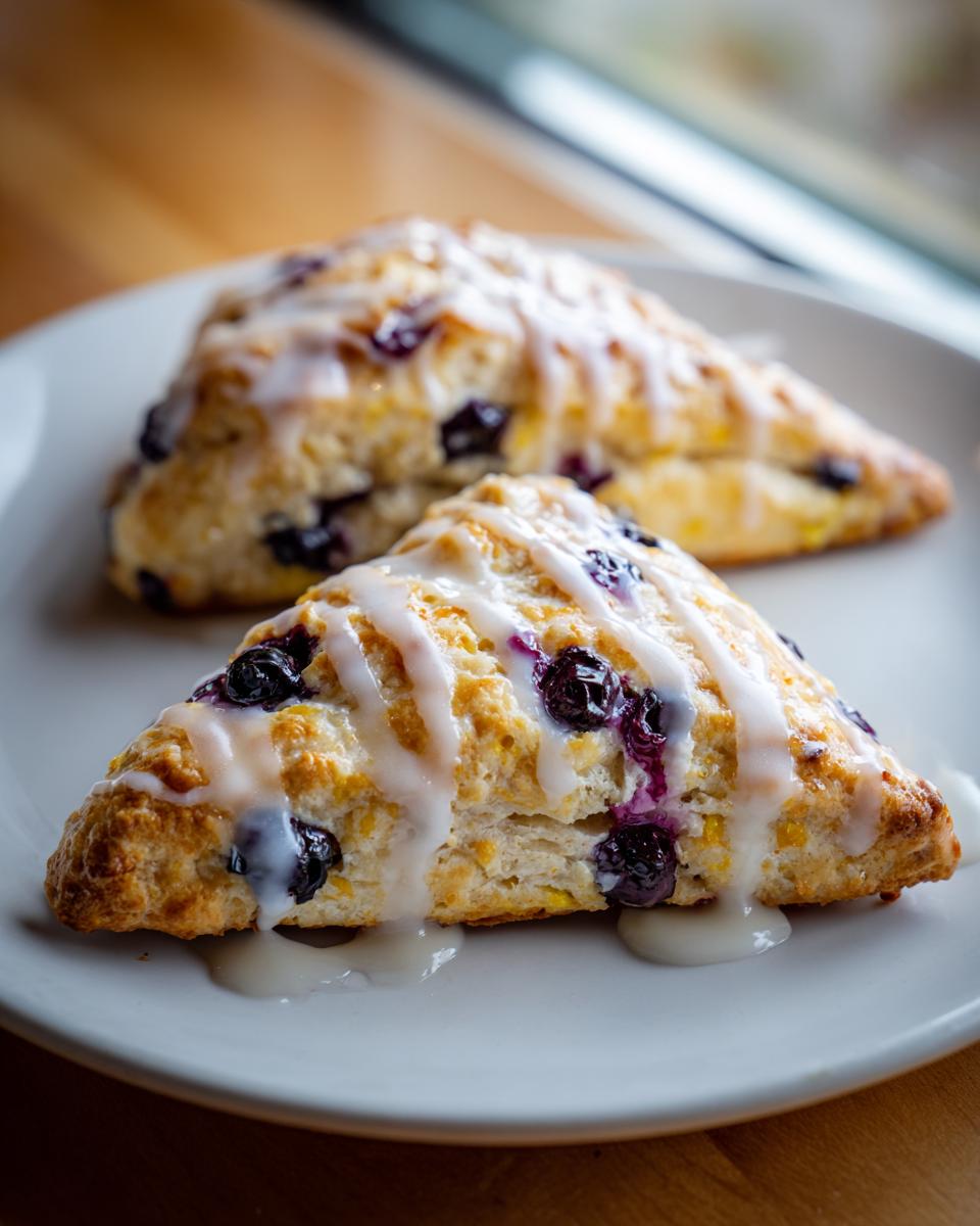 Two flaky blueberry scones drizzled with a thick white glaze, served on a white plate.