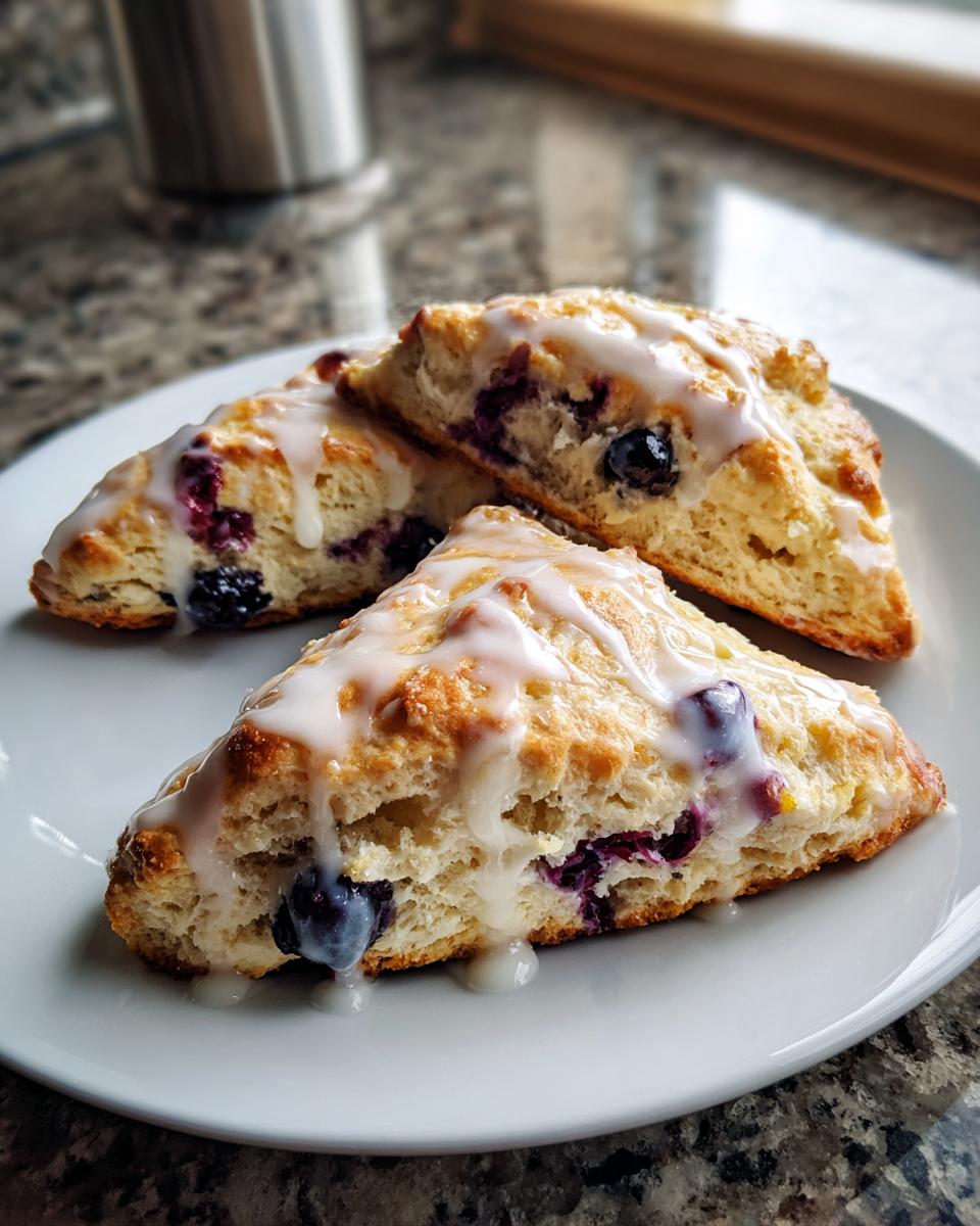 Close-up of three flaky blueberry scones drizzled generously with white vanilla glaze, sitting on a white plate.